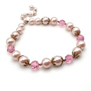 Vintage 1960's LISNER Faux Pink Pearl AB Beaded Choker Necklace